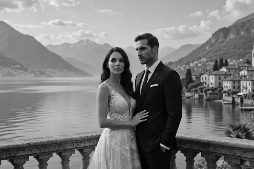 The Story still &mdash; the couple in black and white at a balustrade above Lake Como, the shoreline village beyond.