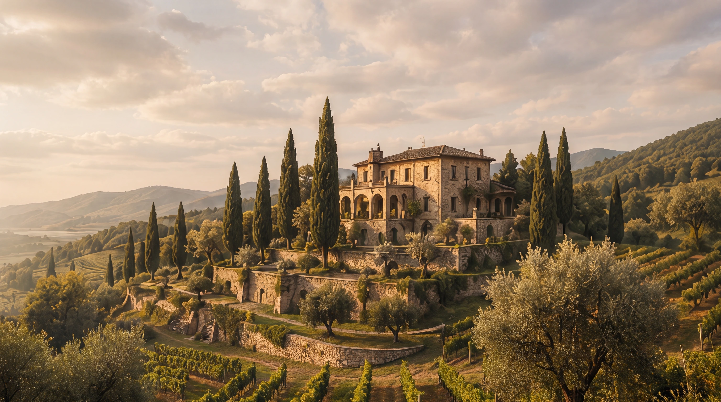 Villa Lucente at golden hour — a stone villa with arched loggia on a terraced hillside, ringed by cypress, olive trees, and vineyard rows