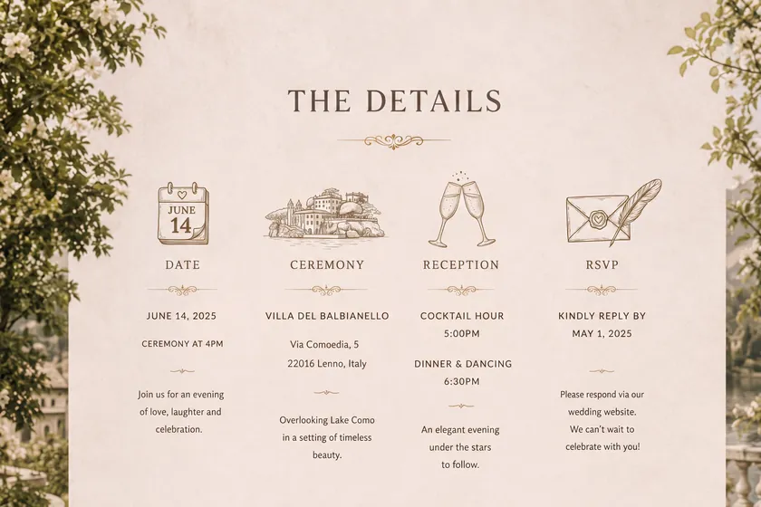 The Details still — the details page: date, ceremony at Villa del Balbianello, reception, and RSVP columns with sketched icons.
