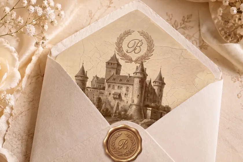 The Details film still — the envelope opens onto a castle-painted liner crowned with the wreathed B monogram.