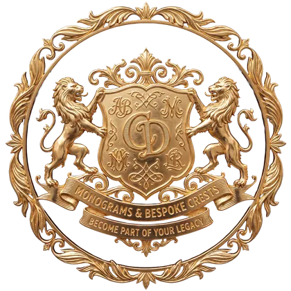 Gold medallion of a lion crest with interlocked monograms