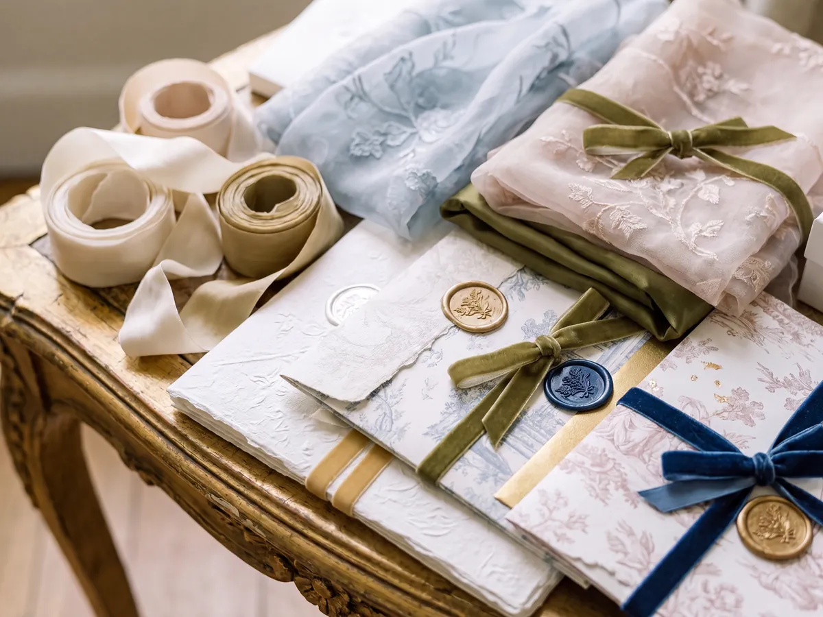 Silk and velvet ribbons with wrapped invitation suites