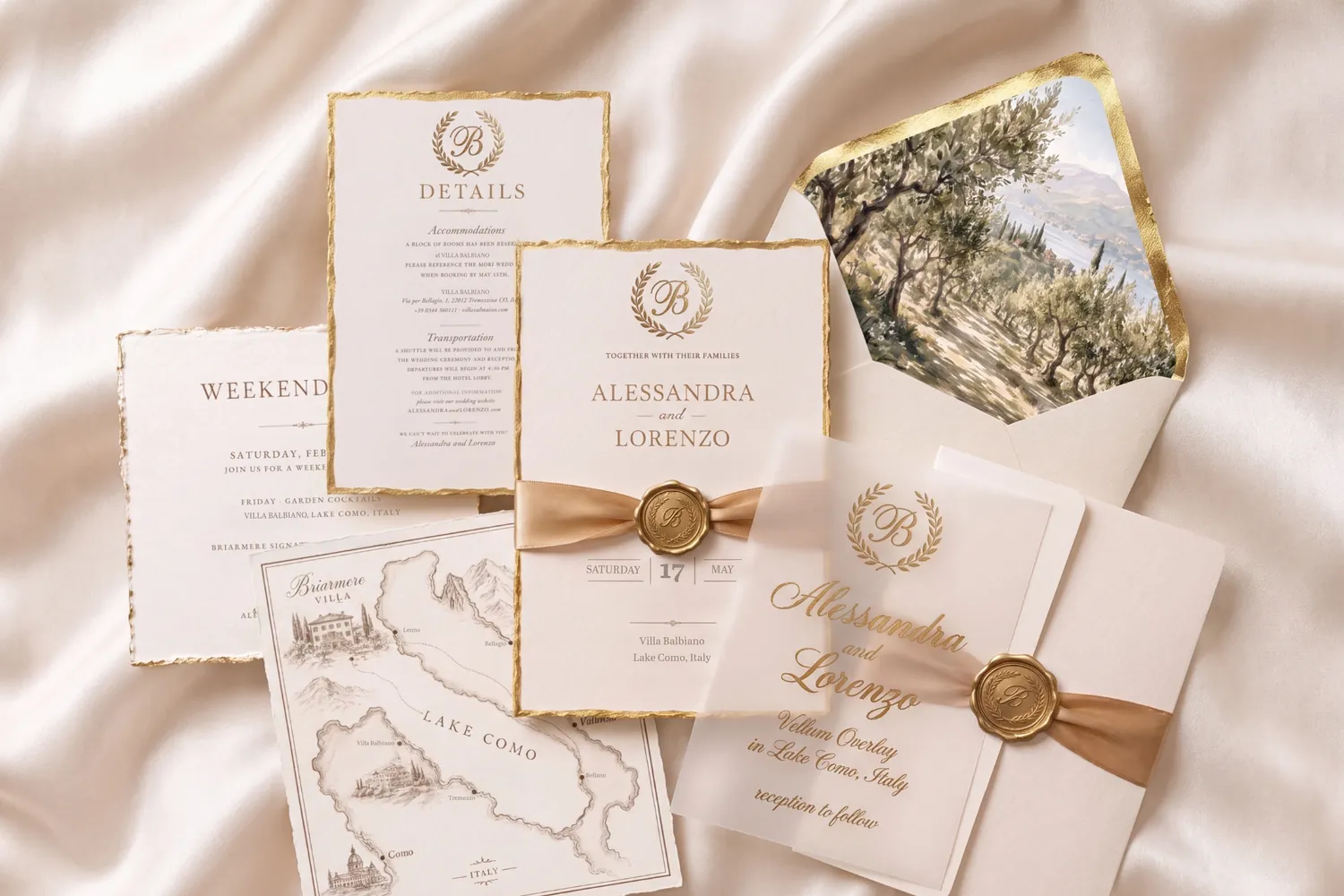 The Signature suite spread across champagne silk &mdash; a gold-deckled details card and weekend card, the invitation under a gold ribbon and monogram wax seal, an illustrated Lake Como map card, a vellum overlay with the couple&rsquo;s names in gold script, and an envelope turned back to show a painted olive-grove liner.