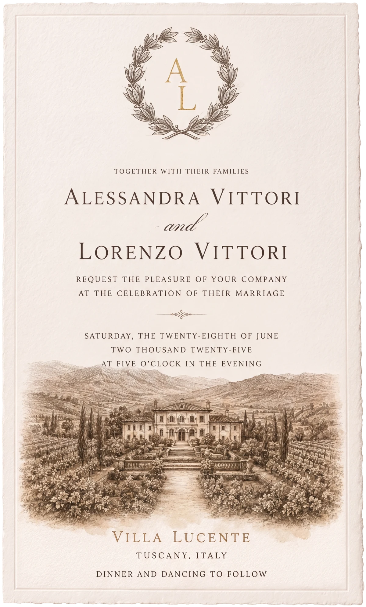 The invitation — laurel monogram above the couple's names, with a hand-drawn portrait of Villa Lucente and its gardens