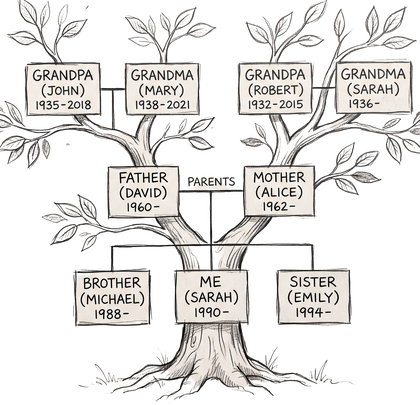 Pencil sketch of a family tree with three generations