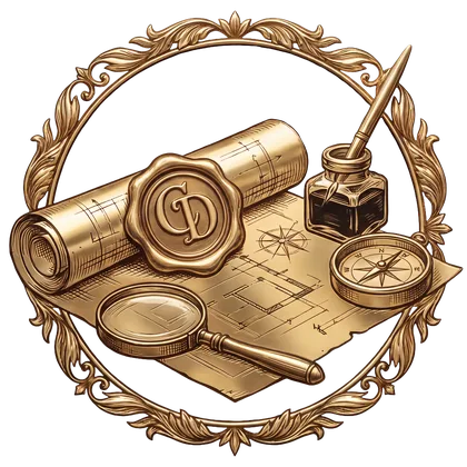 Gold medallion of drafting plans, wax seal, compass and ink — custom design