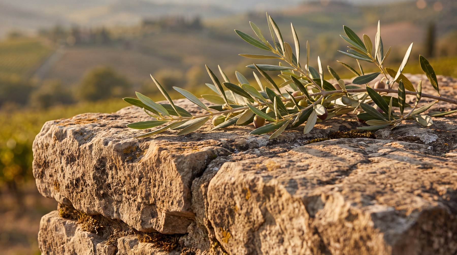 An olive branch with ripening fruit rests on a sunlit block of weathered Tuscan stone above the valley