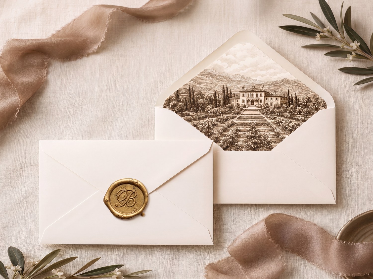 Two envelopes — one open to reveal an illustrated liner of the estate, one sealed in gold wax with a script B