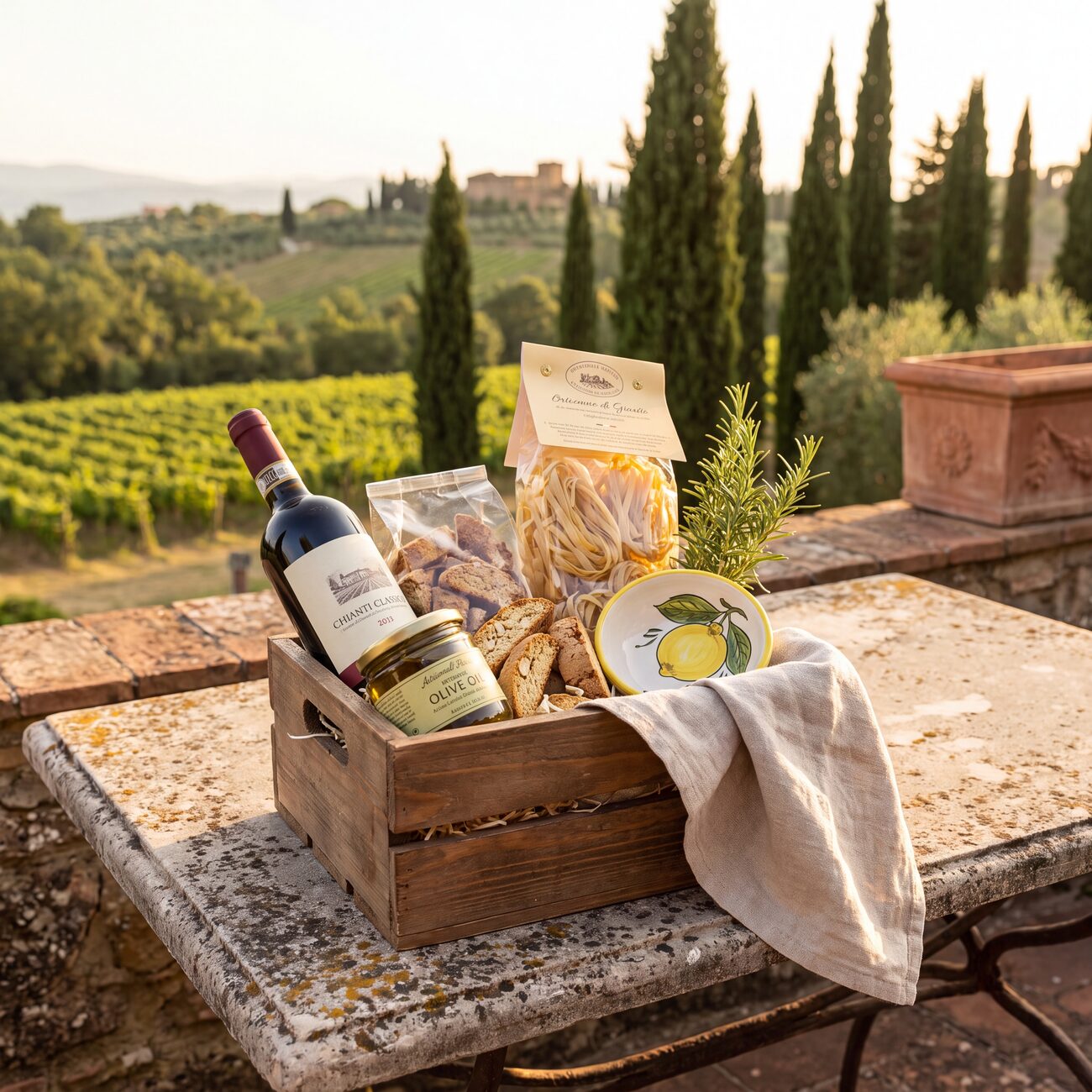 Tuscan gift crate with Chianti, olive oil, biscotti, pasta, and lemon ceramics overlooking a vineyard