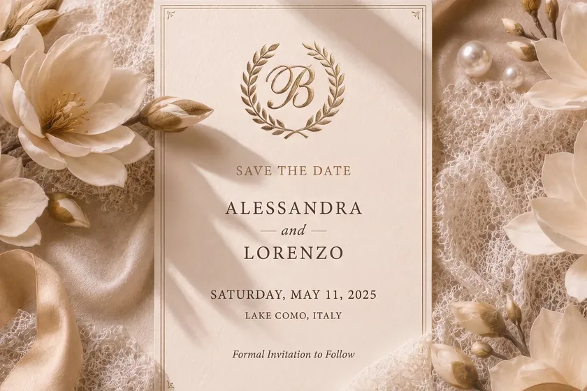The Save the Date still &mdash; a single ivory card with the gold laurel B monogram: Save the Date, Alessandra and Lorenzo, Lake Como, Italy, resting on champagne silk and lace.