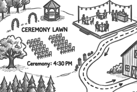 Hand-drawn wedding venue map with ceremony lawn and reception barn