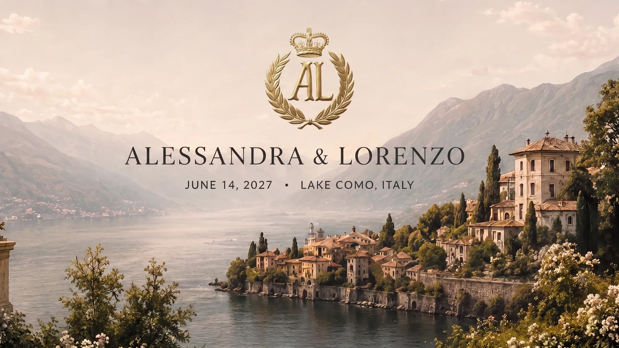 Preview still — the sample wedding website hero: Alessandra & Lorenzo, June 14, 2027 &middot; Lake Como, Italy, beneath a crowned laurel monogram over an illustrated lakeside panorama.