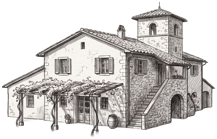 Pencil sketch of the villa with tower and pergola