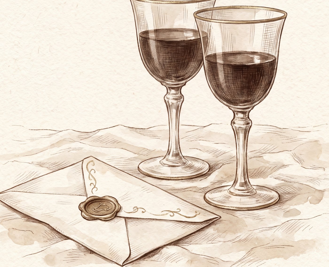Two glasses of wine beside a sealed letter