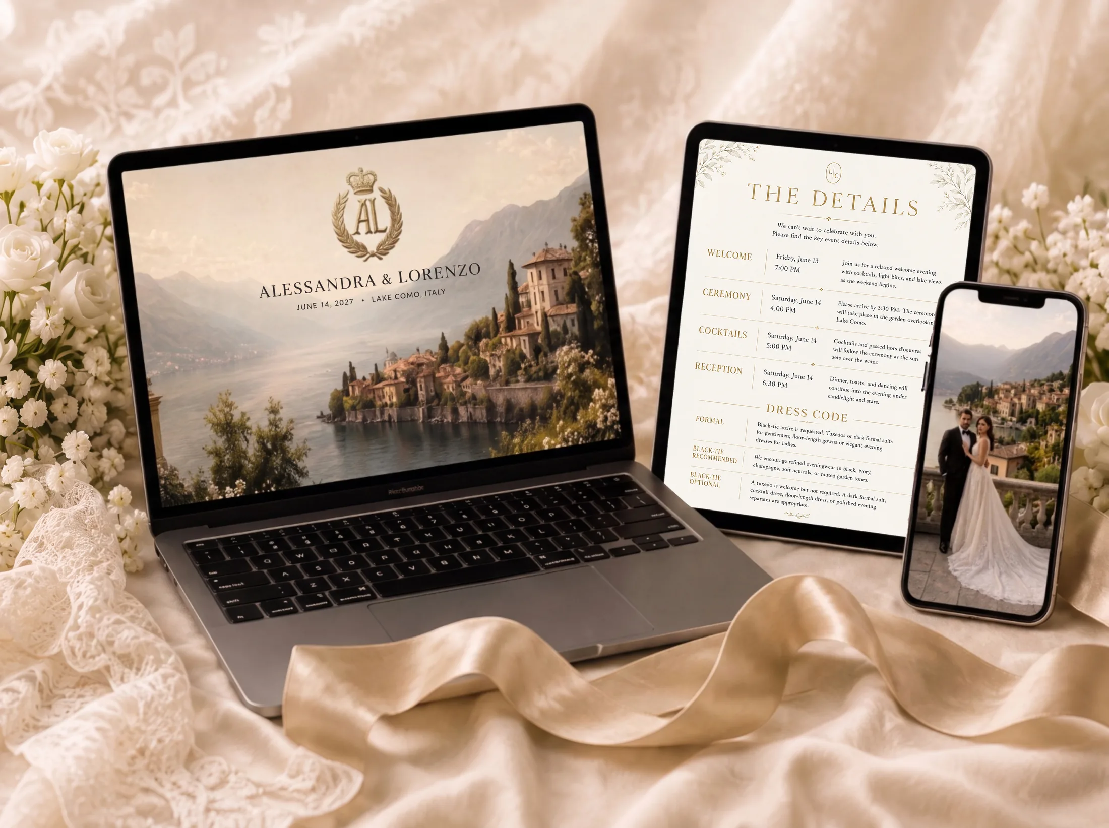 Alessandra and Lorenzo's wedding website across a laptop, tablet, and phone — the lakeside Lake Como homepage with the couple's names and date, the details schedule, and the couple on a balcony — among cream roses and silk ribbon.
