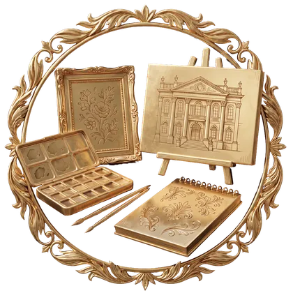 Gold medallion of an easel with venue rendering, palette and brushes — artwork