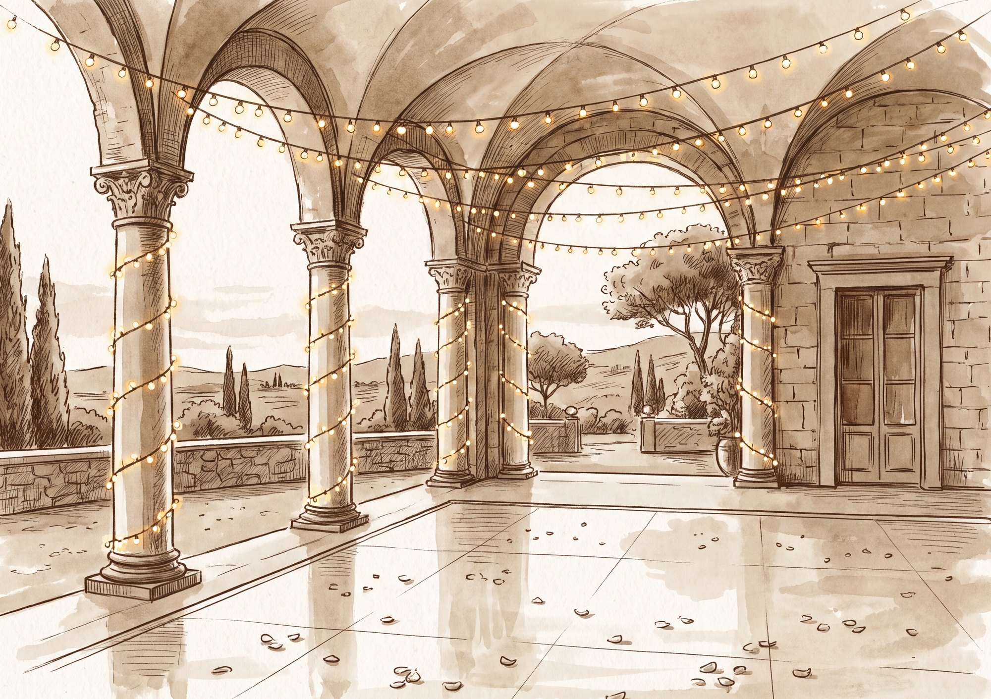 The loggia at dusk, strung with lights above the dance floor