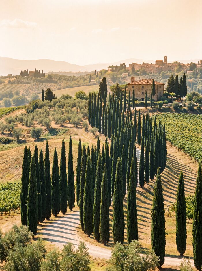 Winding gravel drive lined with tall cypress trees, hilltop village beyond