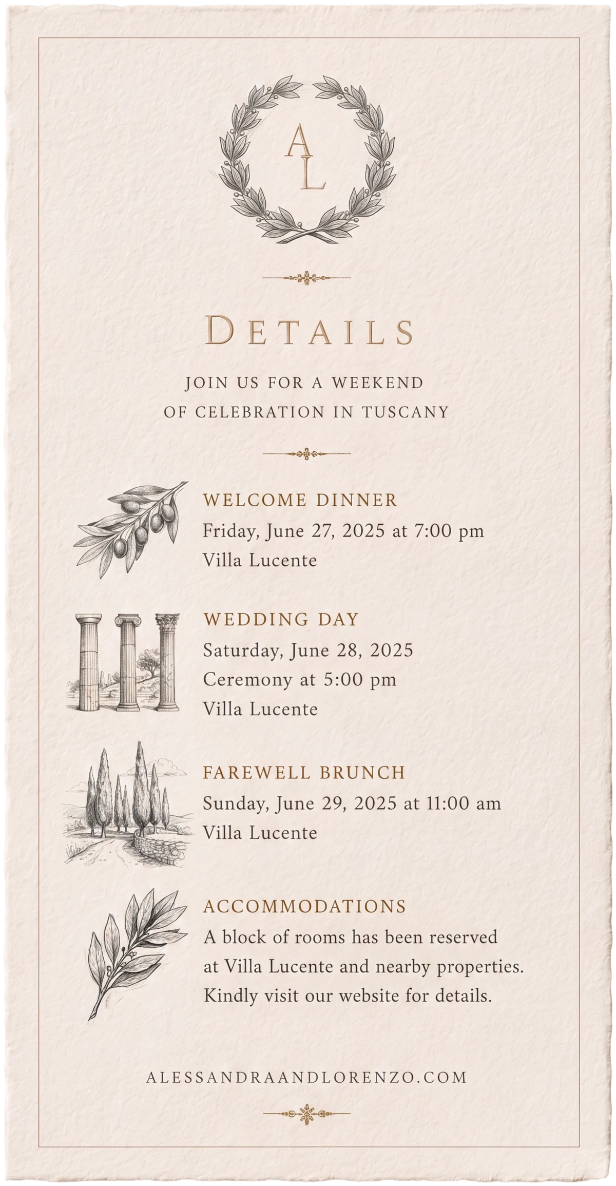 The details card — a weekend itinerary with spot illustrations: olive sprig, columns, cypress lane, and bay branch