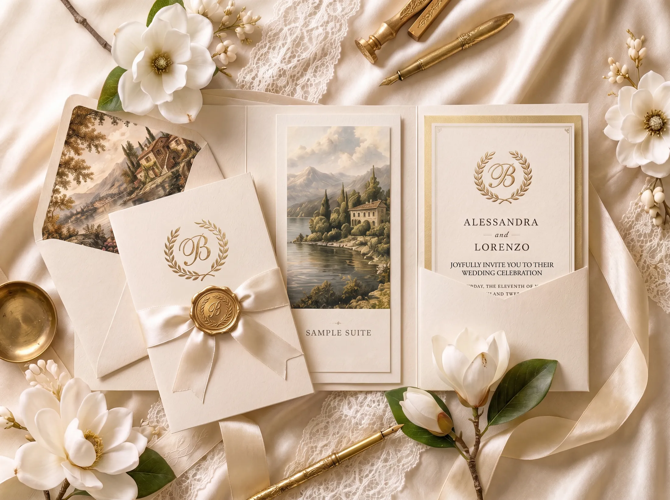 The pocketfold suite laid open on ivory silk and lace &mdash; an envelope turned back to show its painted lakeside liner, the cover card folded shut beneath a ribbon and a gold monogram wax seal, the Sample Suite card with its painted vista of a villa above the water, and Alessandra and Lorenzo&rsquo;s crested invitation waiting in the pocket, among magnolia and gold sealing tools.