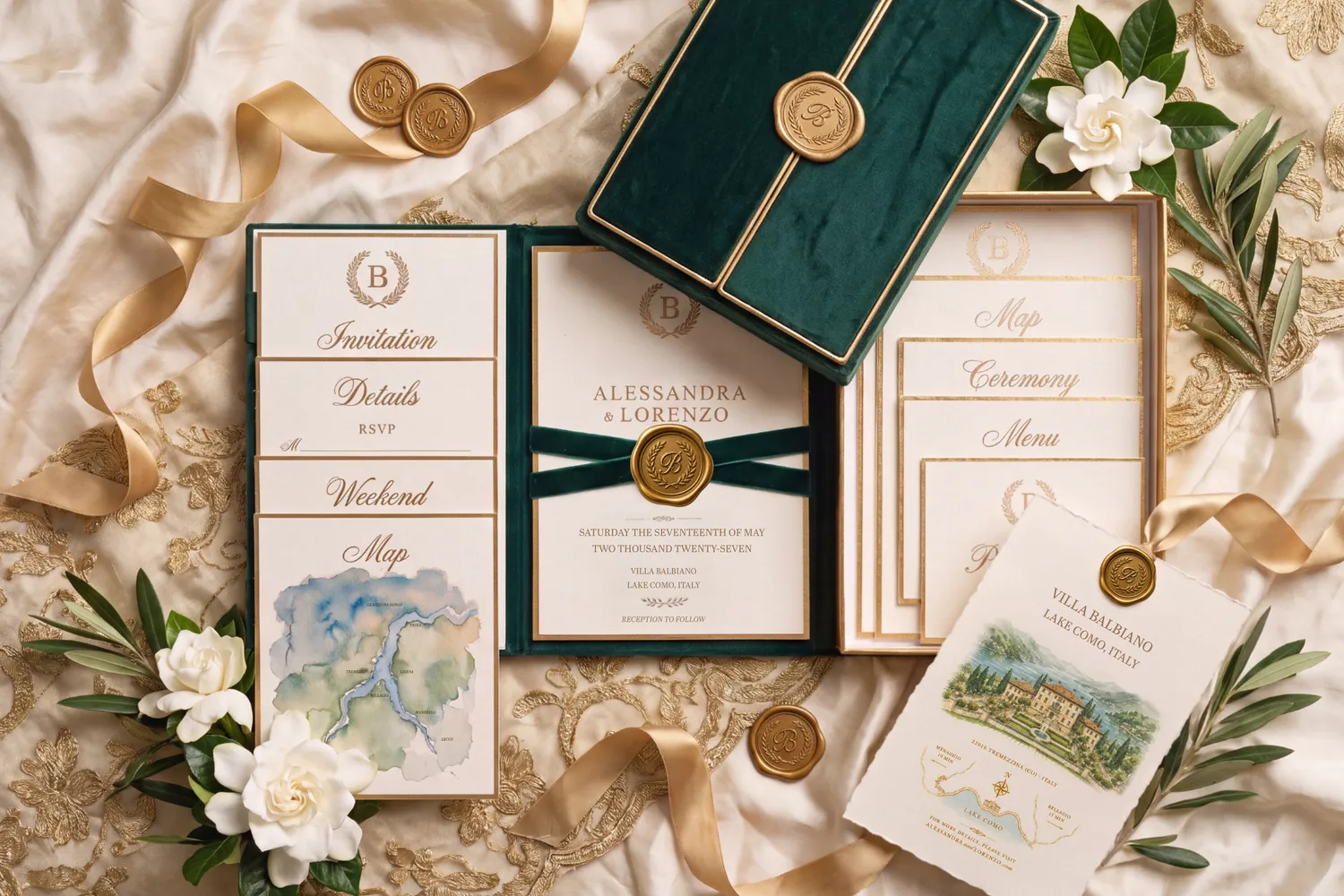 The Heirloom suite in a deep green velvet folio &mdash; the card stack labelled Invitation, Details, RSVP, Weekend, and Map with a watercolor Lake Como map, the crested invitation bound in velvet ribbon under a gold monogram seal, a boxed set of Map, Ceremony, Menu, and Place cards, and a loose deckle site-map card with a watercolor villa, among gardenias and olive branches on gold-embroidered silk.