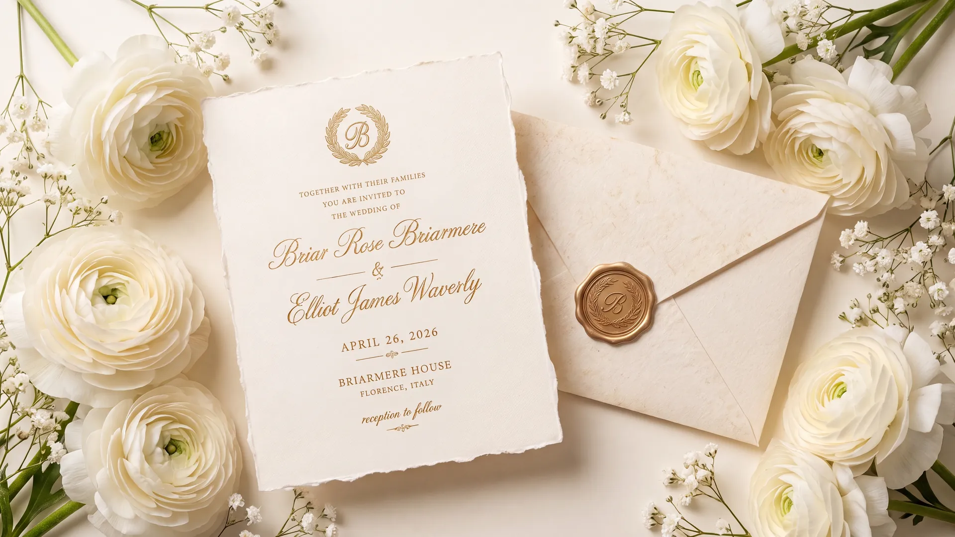 The Briarmere invitation suite — the deckled card with the wreathed B monogram and gold lettering beside a sealed handmade envelope, among white ranunculus.