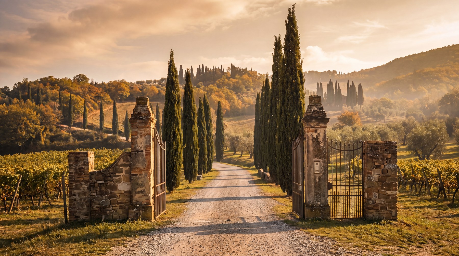 A gravel drive passes through a wrought-iron gate between weathered stone pillars, lined with cypress toward autumn hills