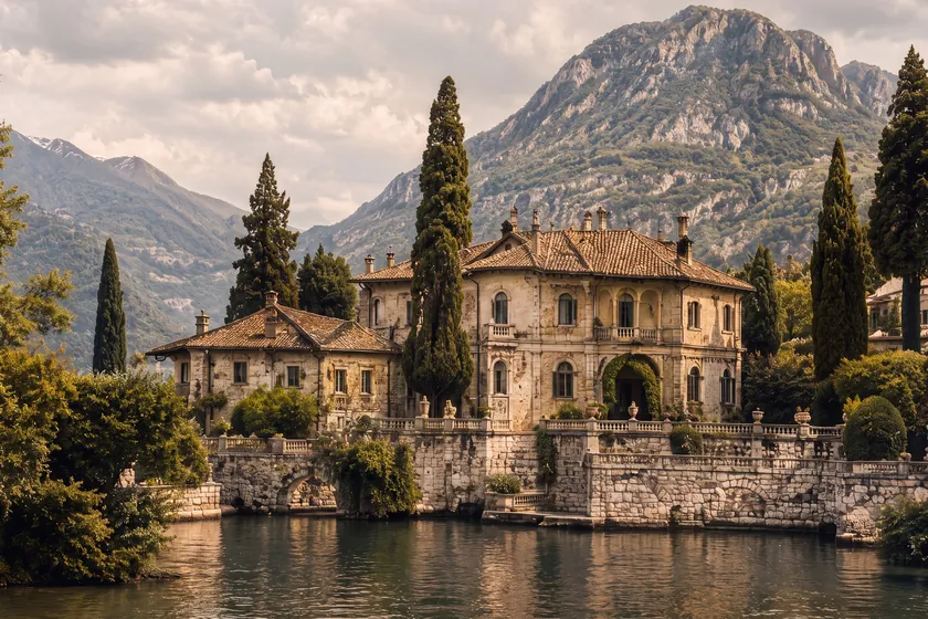 The Arrival still — a stone villa with cypress trees on the shore of Lake Como beneath the mountains.