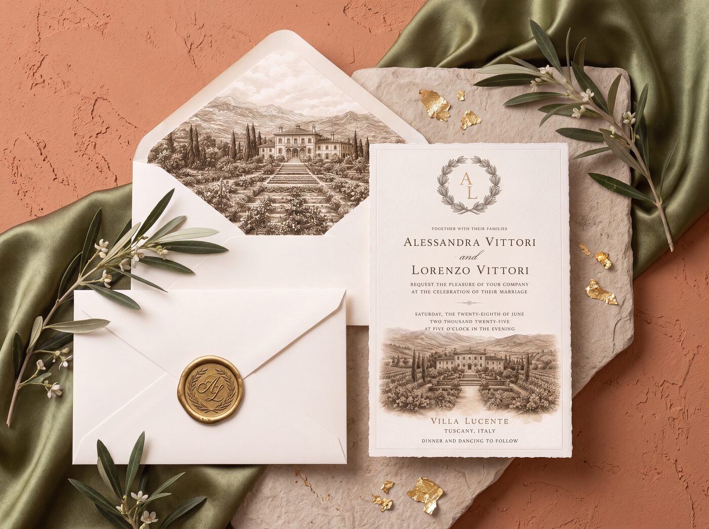 Invitation suite flat-lay: engraved villa envelope liner, gold wax seal, and invitation card among olive branches on stone