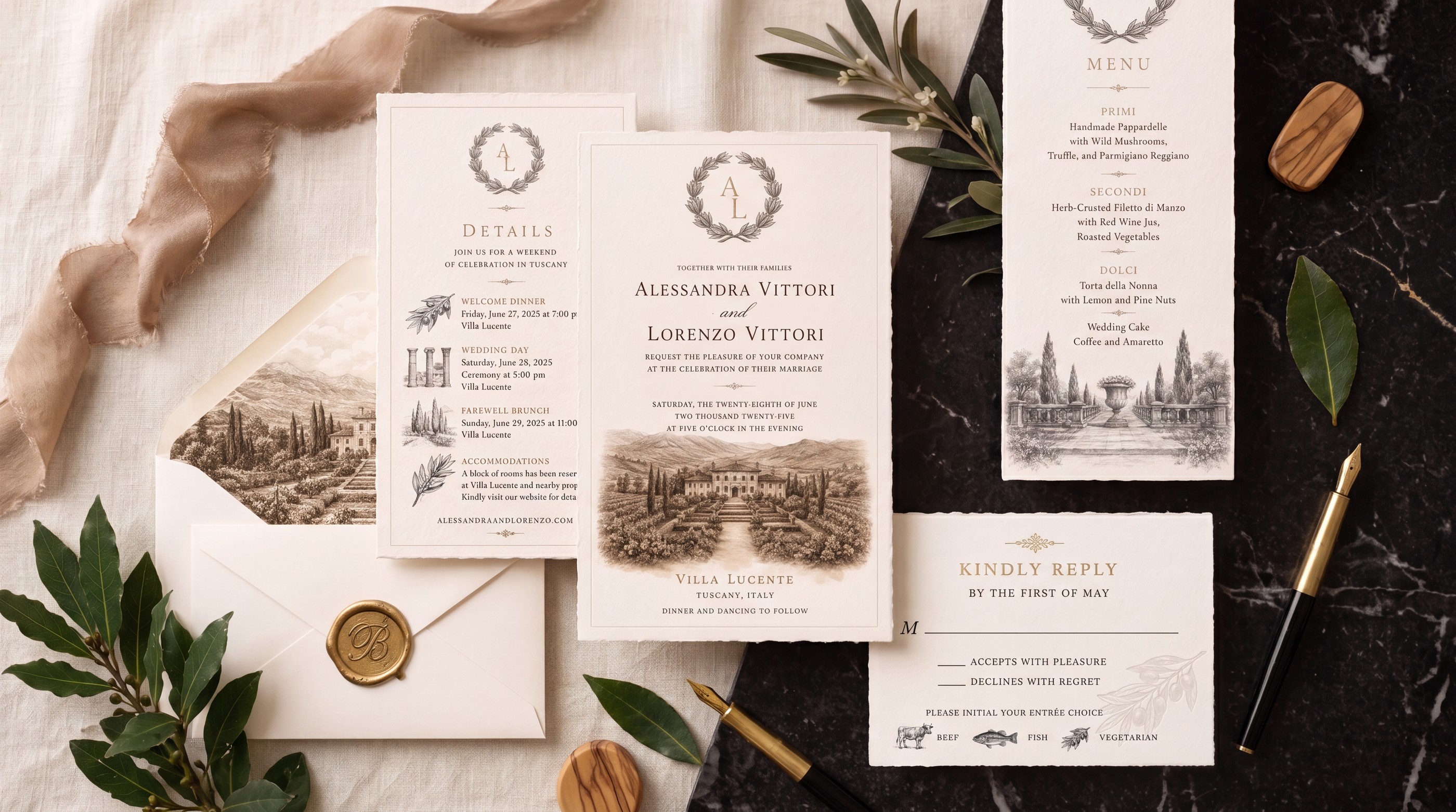 The printed suite arranged on linen and dark marble — invitation, details card, menu, wax-sealed envelope, bay branches, and fountain pens