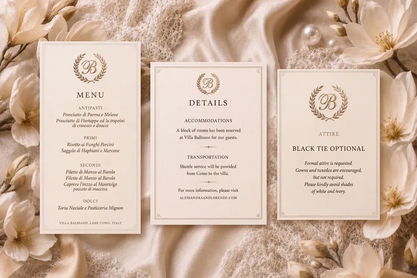 The Day-Of Details still &mdash; three upright cards side by side: the menu, the details card, and the attire card reading Black Tie Optional.