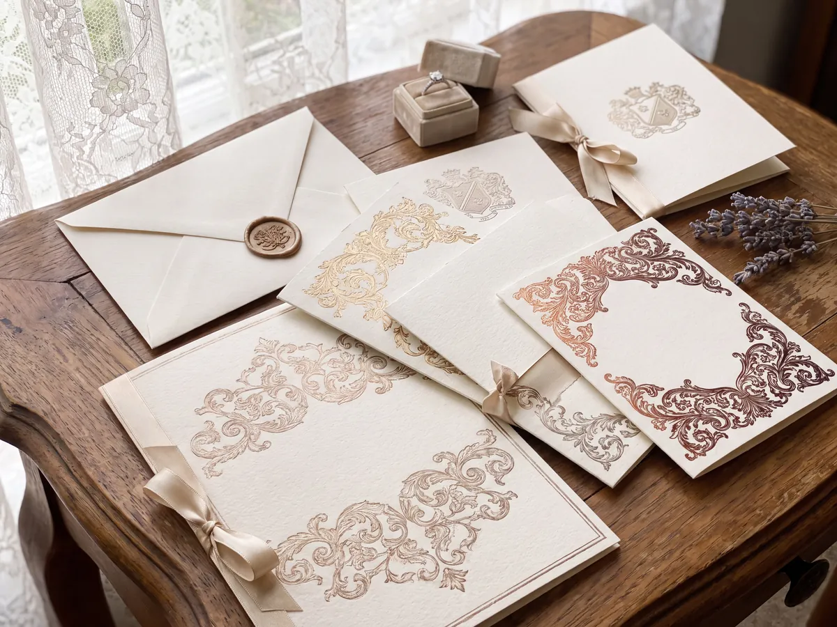 Foil-stamped flourish cards in antique gold and copper