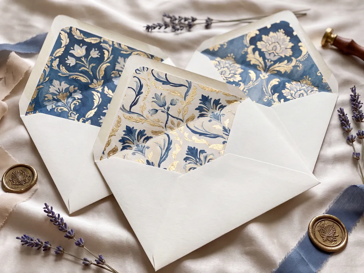 Envelopes with illustrated blue and gold liners