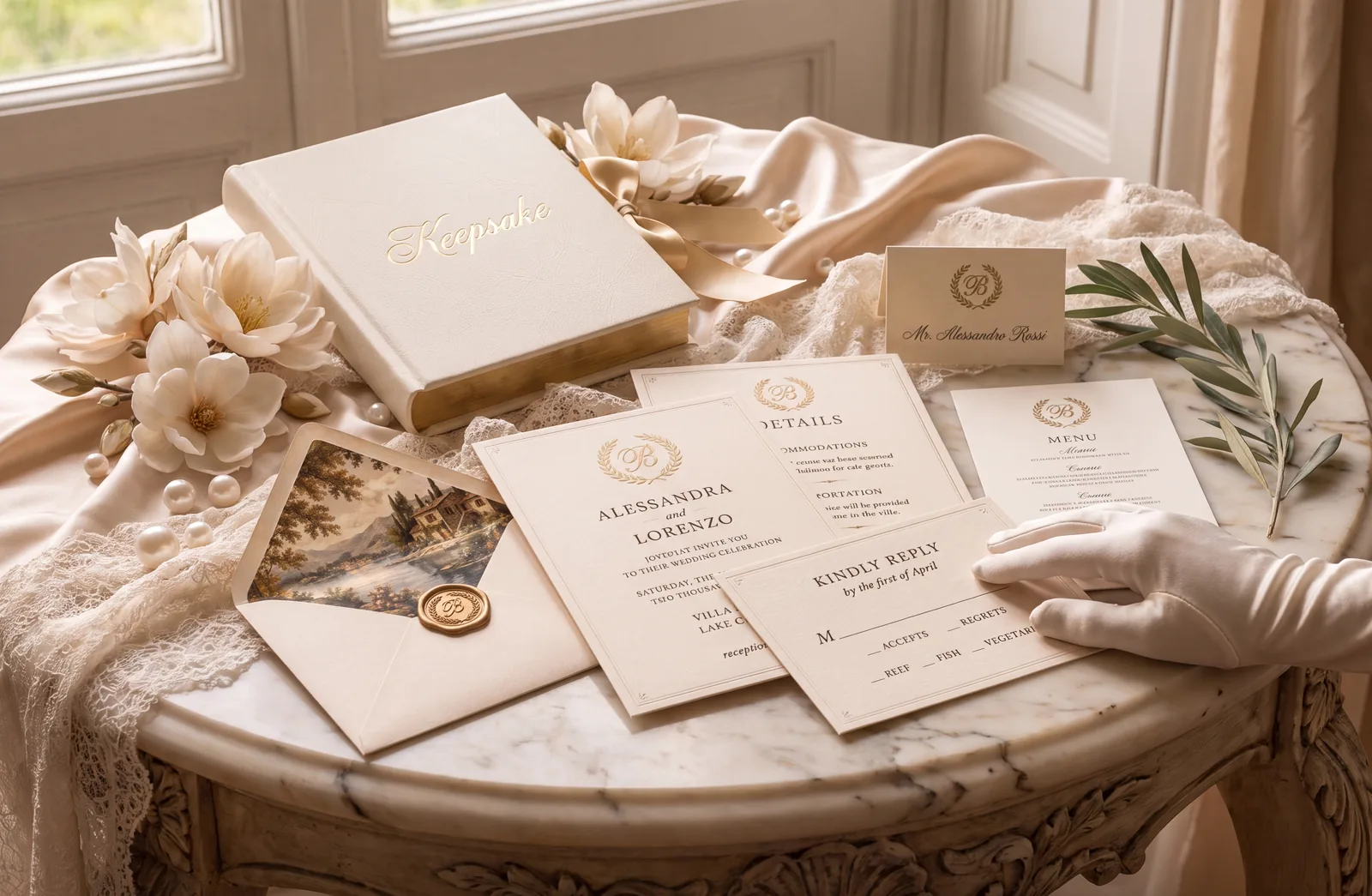 A white-gloved hand rests on the reply card of the suite, laid across a carved marble table by a window &mdash; the Keepsake book, sealed envelope with its illustrated Lake Como liner, invitation, and place card gathered on silk and lace.