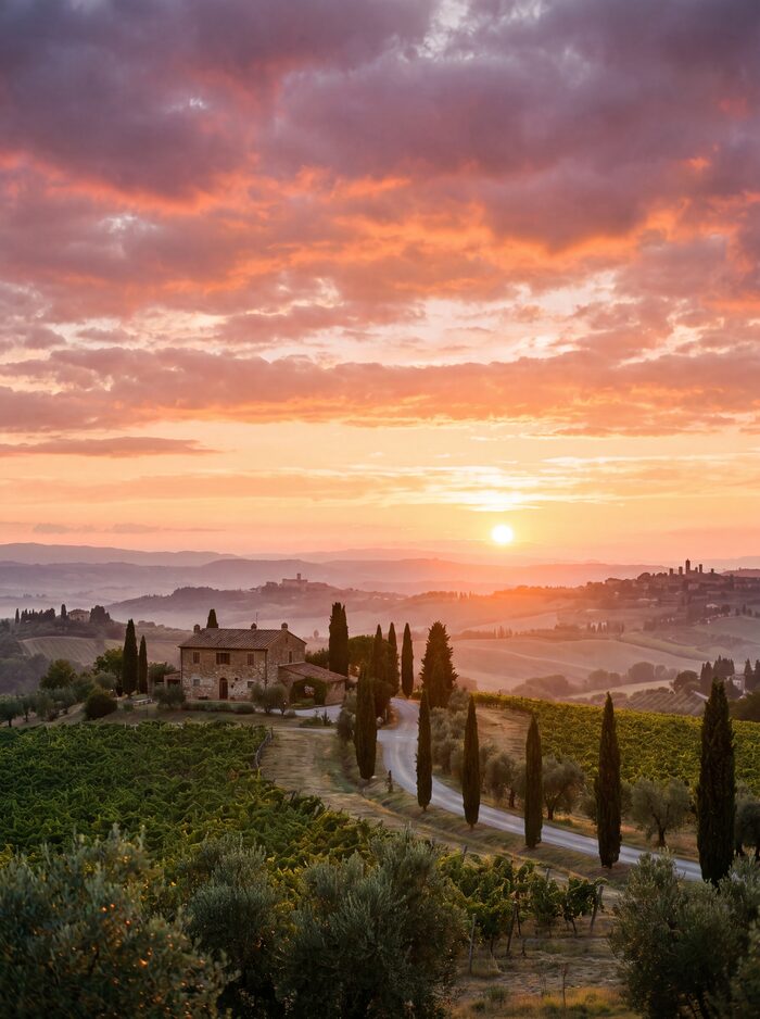Sunset over Tuscan vineyards with a stone farmhouse and cypress-lined road