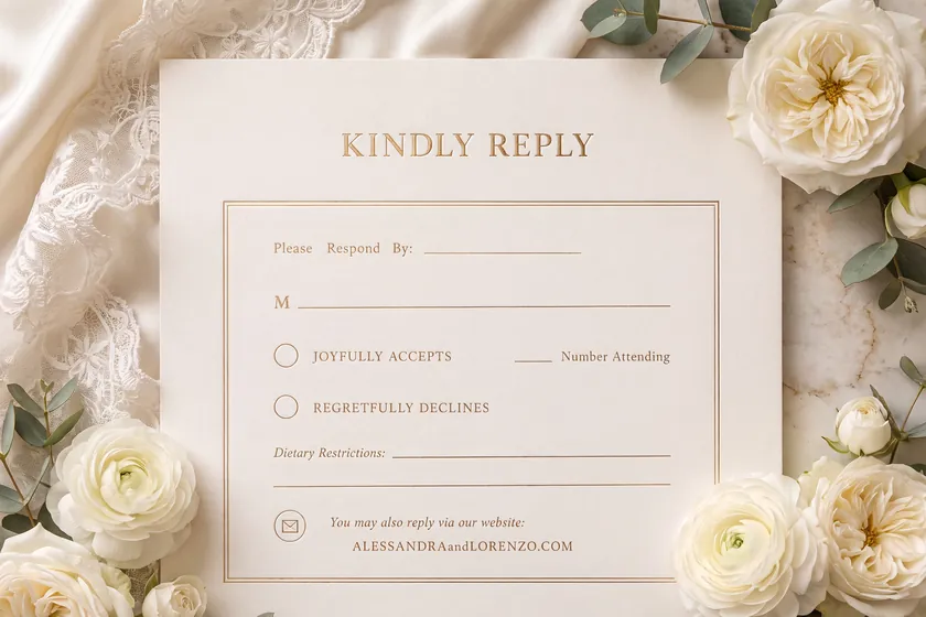The RSVP still — a Kindly Reply card with response lines and the couple’s website, among white roses and eucalyptus.