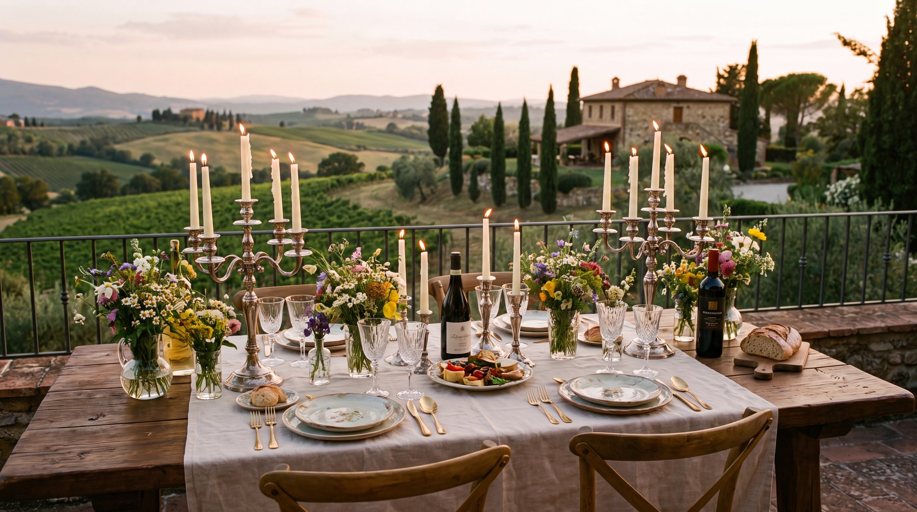 A candlelit terrace table set with wildflowers, crystal, and wine, overlooking vineyards at dusk