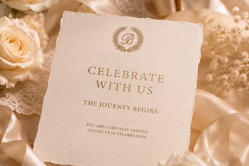 The Welcome film still — a deckled save-the-date card lettered ‘Celebrate With Us — the journey begins’ in gold beneath the wreathed B monogram, among cream roses and ribbon.