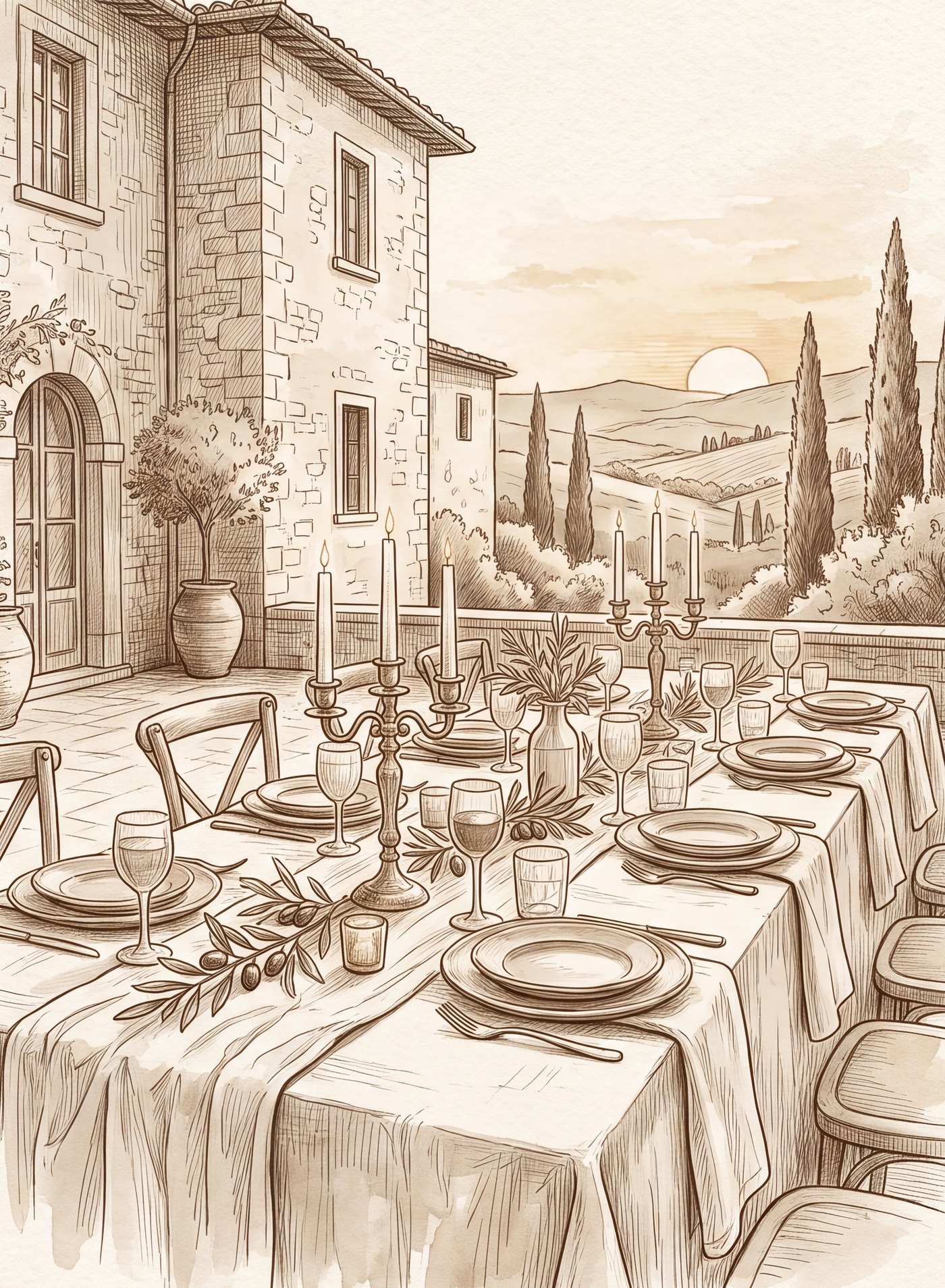 A long dinner table set with candelabra on the terrace