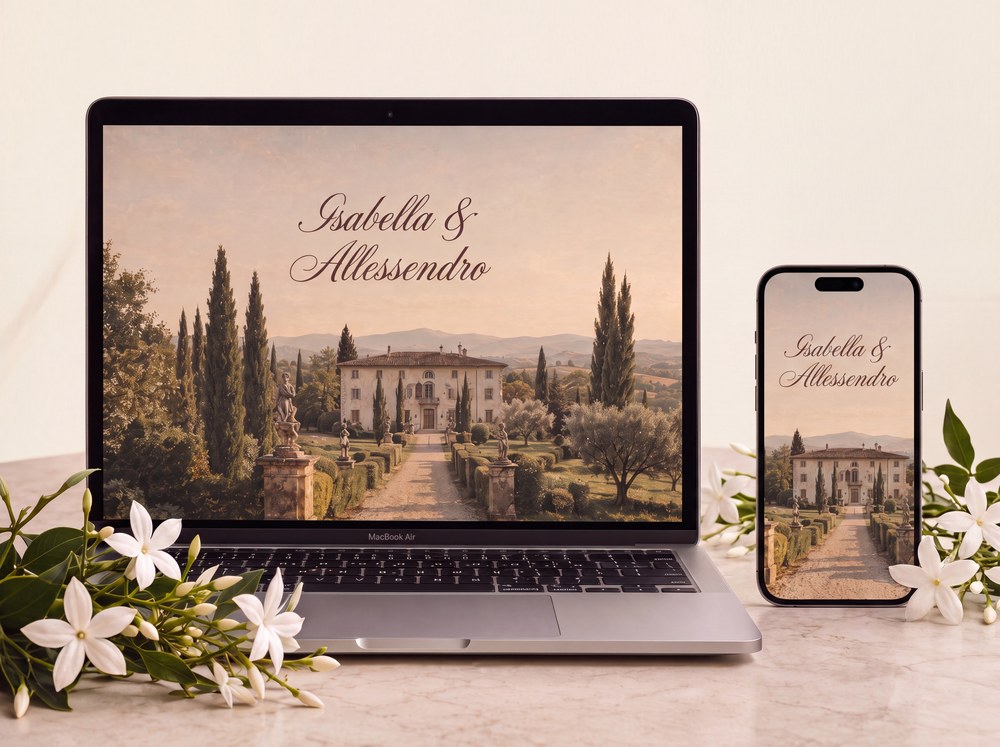The wedding website shown on a laptop and phone, framed by jasmine blossoms