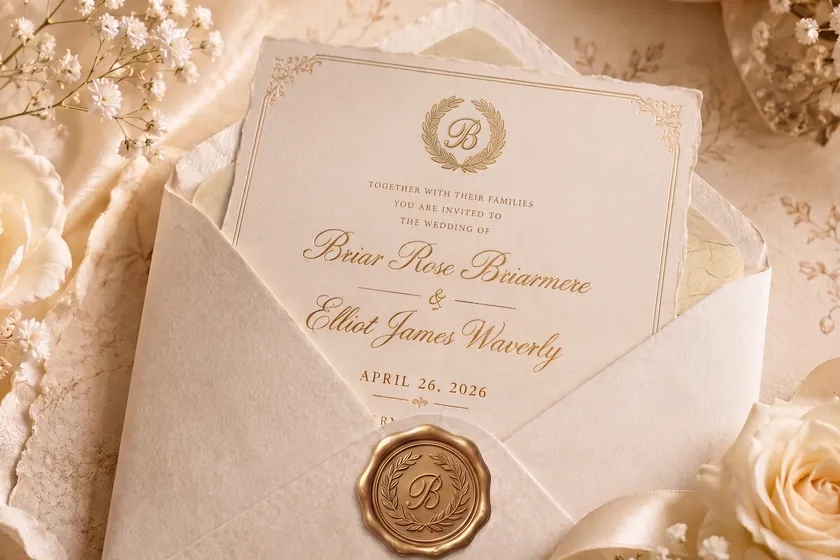 The Story film still — the invitation rising from its envelope: Briar Rose Briarmere & Elliot James Waverly, April 26, 2026, lettered in gold script.