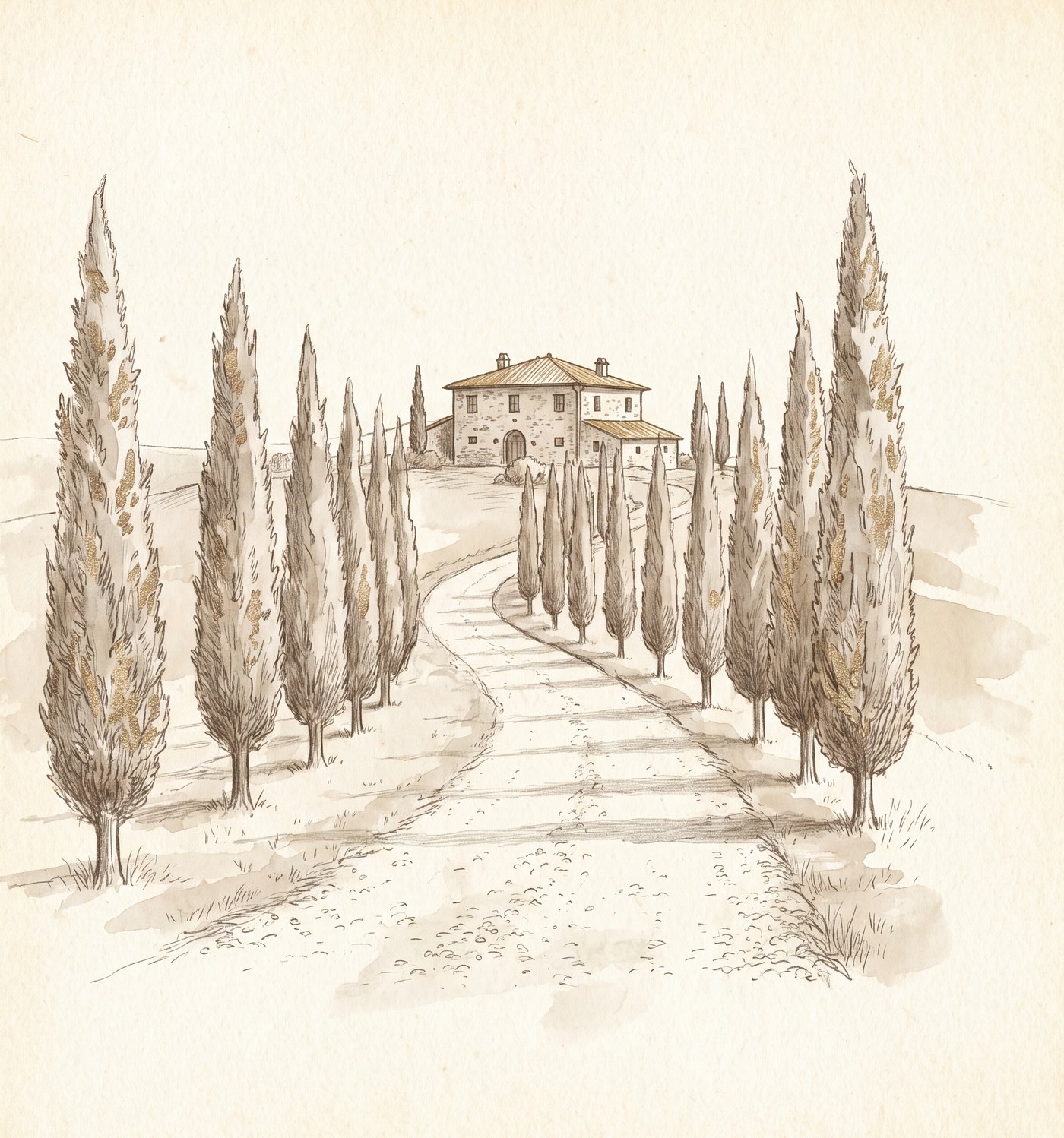 A cypress-lined lane leading to the villa