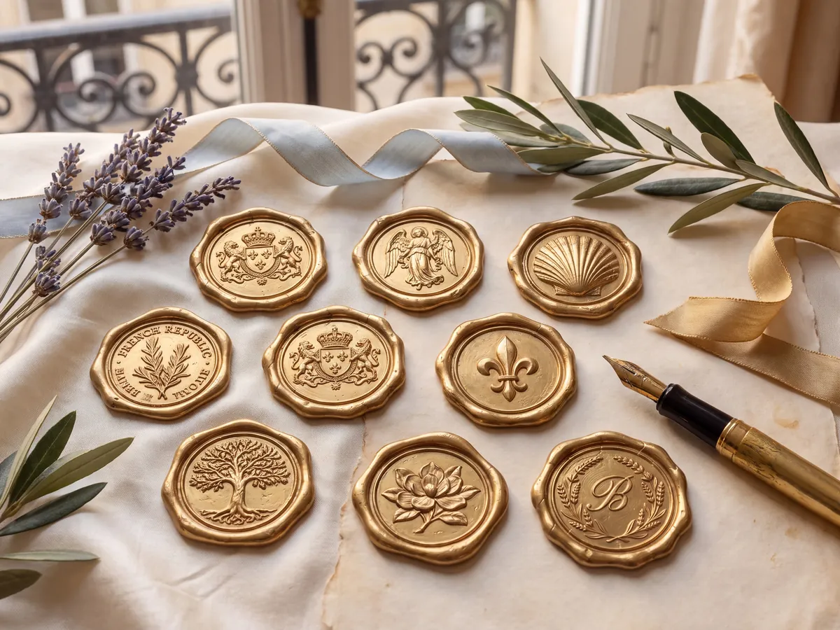 Gold wax seals with crests, botanicals and monograms