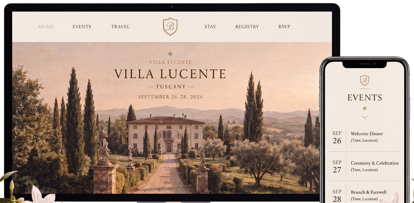 The Villa Lucente wedding website shown on a desktop monitor and phone, with jasmine sprigs at the base