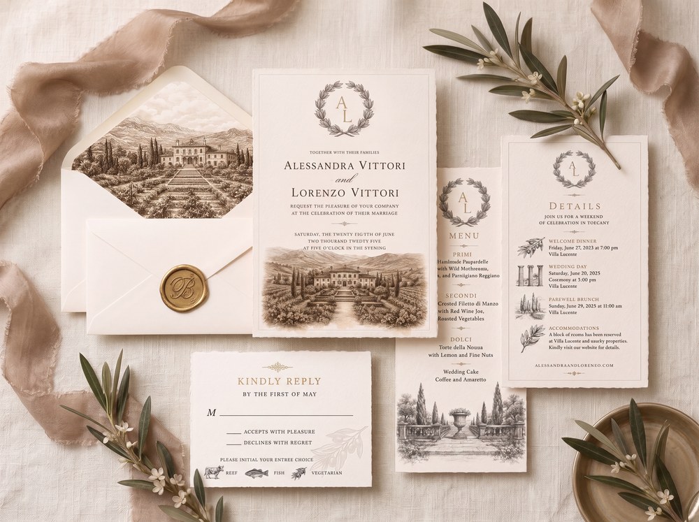 The full printed suite — invitation, menu, reply card, and details card with wax-sealed envelope