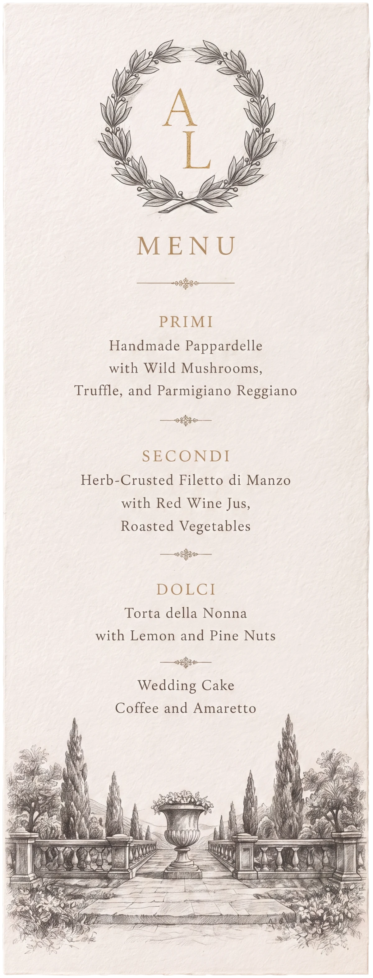 The menu — Primi, Secondi, and Dolci beneath the laurel wreath, with the terrace balustrade and urn drawn at the base