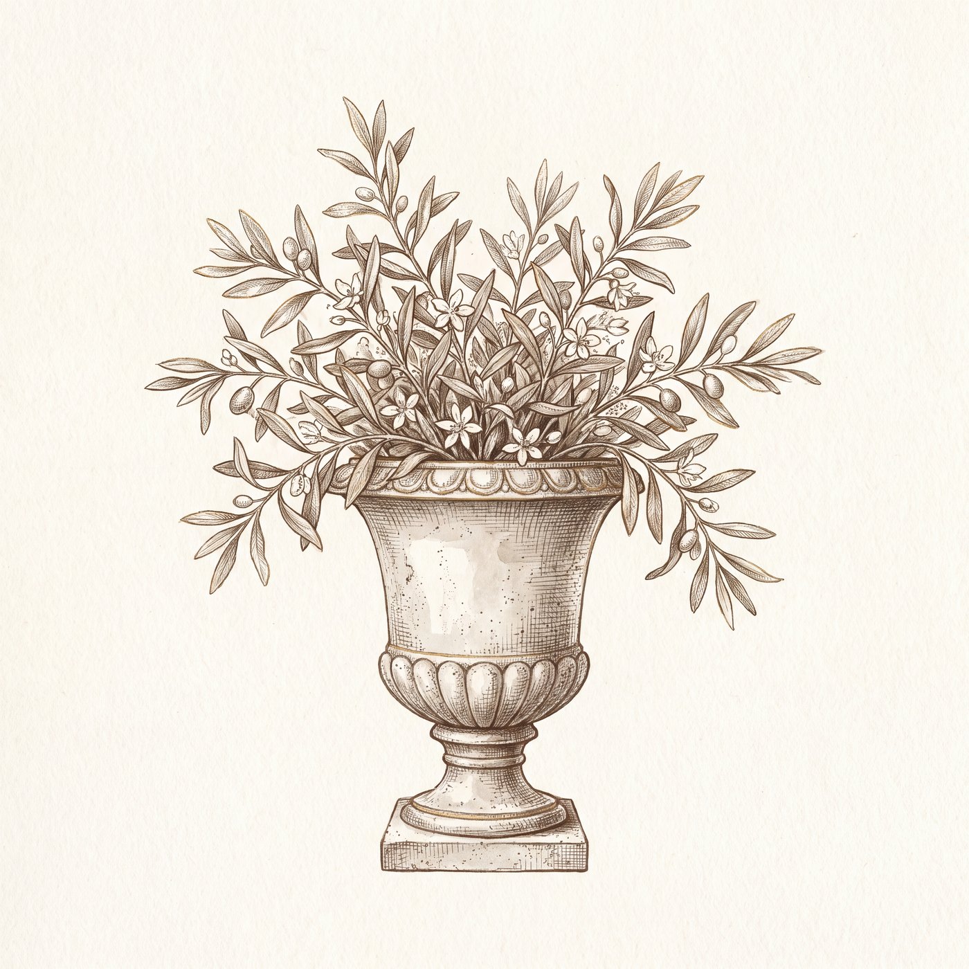 A stone urn overflowing with olive branches