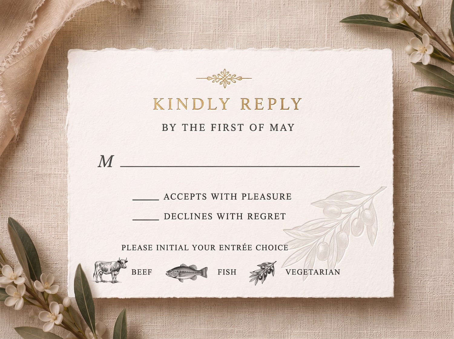 The reply card — Kindly Reply in gold foil, with engraved entrée marks for beef, fish, and vegetarian