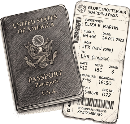 Sketch of a passport and boarding pass