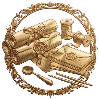 Gold medallion of sealed scrolls, envelopes, ribbon and wax tools — finishing details